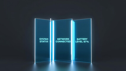 Modern digital battery interface showing system status and battery level on a sleek dark background with neon lights