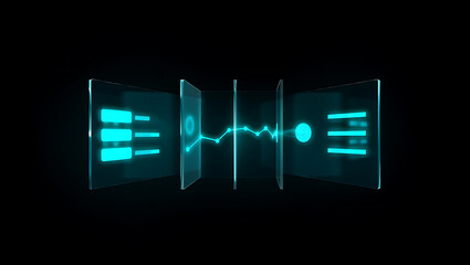 Futuristic digital interface with glowing blue elements on a dark background, showcasing a modern technological concept