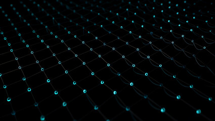 Glowing blue dots on black background forming a network pattern with connecting lines