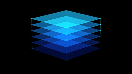 3d rendered blue gradient layered square shapes on a black background, creating a futuristic design