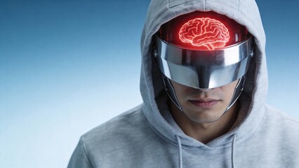 Person with glowing brain in helmet