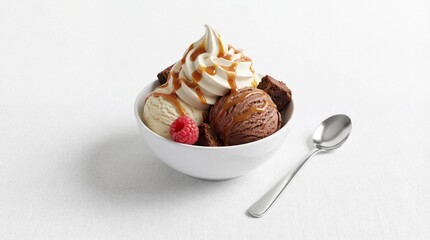 Gourmet Ice Cream Sundae with Chocolate, Vanilla, Brownie Pieces and Caramel Sauce in a White Bowl