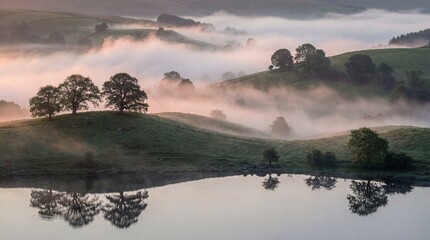 Atmospheric Morning Fog Rolling Over Green Hills with Reflection in Calm Water