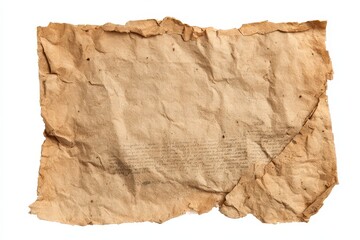 Aged Crumpled Brown Paper Texture Isolated on White Background with Rips and Stains for Vintage or Historical Designs