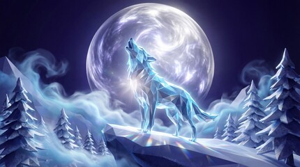 Ethereal Crystal Wolf Howling on a Rocky Peak Under a Glowing Full Moon in a Magical Winter Night