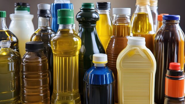 Collection of various empty cooking oil bottles close up photography