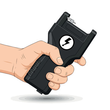 Hand holding a black taser with a white lightning bolt logo on a plain white background.
