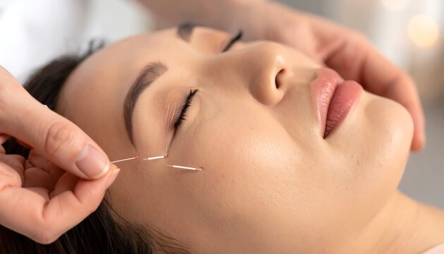 A woman receiving a facial treatment with a thread near her eyebrow