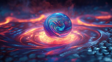 A swirling orb of vibrant molten glass in jewel tones is surrounded by glowing cosmic energy and light