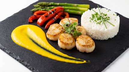 Gourmet Seared Scallops Plated on Black Slate with Asparagus Roasted Peppers Rice and Puree