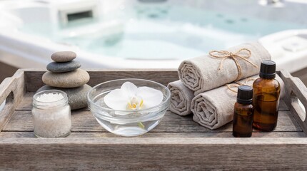 Relaxing Spa Treatment Set on Wooden Tray with Essential Oils Towels and Stones by a Hot Tub