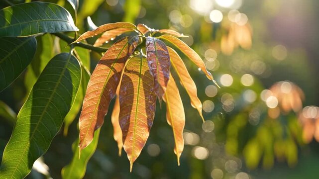 Mango Tree Leaves in Sunlight - A Tropical Beauty.
