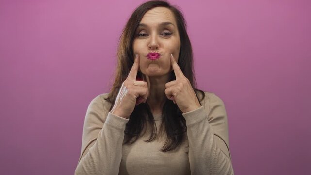 Woman making funny face with puffed cheeks and pink lipstick against a vibrant pink background captured in a playful and isolated setting.