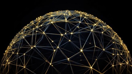 An intricate global network of glowing interconnected golden threads forming a sphere against a dark background representing digital connections and technology