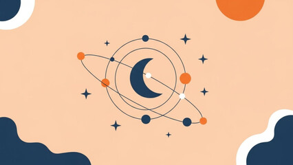 Celestial orbit with crescent moon and orbiting planets in a soothing abstract design