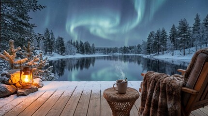 Tranquil Winter Night on a Wooden Deck with Aurora Borealis and Hot Drink