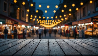 Fototapeta premium Wooden table in front of a bustling night market with string lights