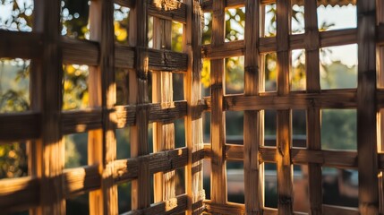 Intricate lattice of woven bamboo reeds forming a natural screen with warm sunlight and shadows