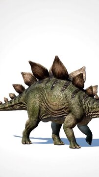 A detailed, 3D render of a green dinosaur with large plates along its back
