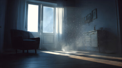 Sensory- Sunlit dust particles floating in quiet room, cinematic sensory atmosphere
