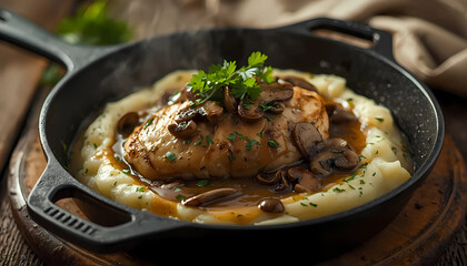 A delicious chicken breast with mushrooms and mashed potatoes in a cast iron skillet