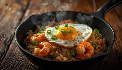 A steaming hot skillet of shrimp fried rice with a fried egg on top