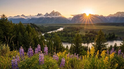 Vibrant Summer Landscape with Wildflowers, Winding River and Sunburst over Rugged Mountain Peaks