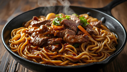 A steaming hot plate of noodles and beef in a cast iron skillet
