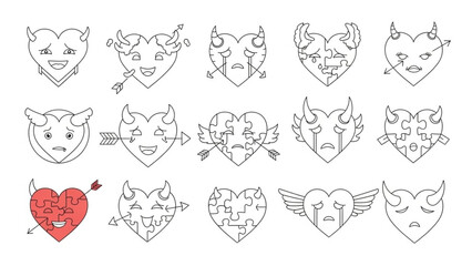 Emotional devil and angel heart line art icons with puzzle elements and cupid arrows