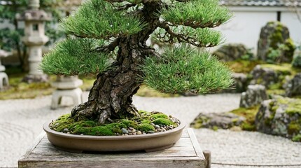 Traditional Pine Bonsai Tree in a Japanese Zen Garden with Stone Lantern
