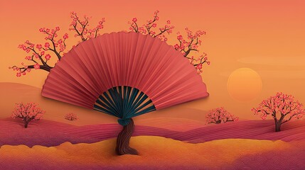 Pixelated Red Fan Displayed Against a Warm Sunset Sky with Distant Mountains and Small Cherry Blossom Trees Landscape Digital Art