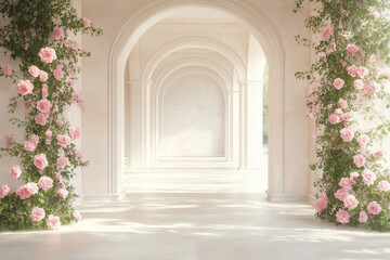 Fototapeta premium Wedding background. Floral corridor with pink roses in luxury palace interior, romantic background with sunlight, elegant architecture and dreamy floral atmosphere. Backgrond for Bridal Ceremony