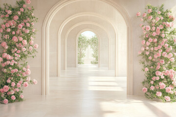 Fototapeta premium Floral wedding corridor with pink roses in luxury palace interior, romantic background with sunlight, elegant architecture and dreamy floral atmosphere