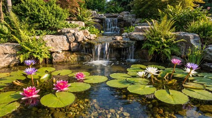 Japanese Zen Garden Waterfall and Pond with Floating Pink and White Water Lilies
