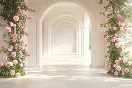Wedding background. Floral corridor with pink roses in luxury palace interior, romantic background with sunlight, elegant architecture and dreamy floral atmosphere. Backgrond for Bridal Ceremony