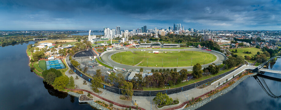panorama aerial of WACA and Perth City Skyline