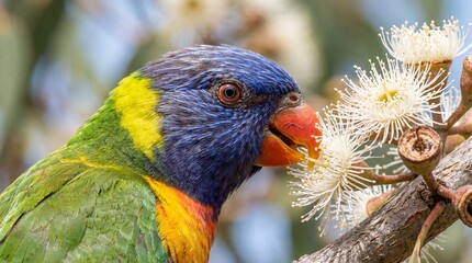Colorful Rainbow Lorikeet Perched on Tree Branch with White Flowers in Spring