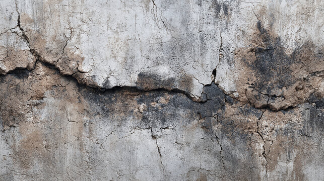 A cracked wall with dark stains, texture and grunge that adds character and age