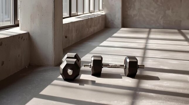 Dumbbell weight hex adjustable set on concrete floor by window with sunlight and shadow casting minimalist gym scene