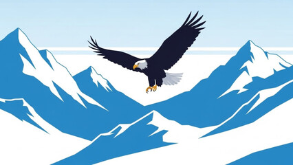 Bald eagle soaring majestically above snow-capped mountain peaks under a clear sky