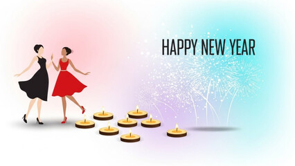 Two women celebrate the new year with dancing, candles, and festive fireworks