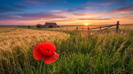 Beautiful Sunset over a Golden Wheat Field with a Single Red Poppy and Farmhouse