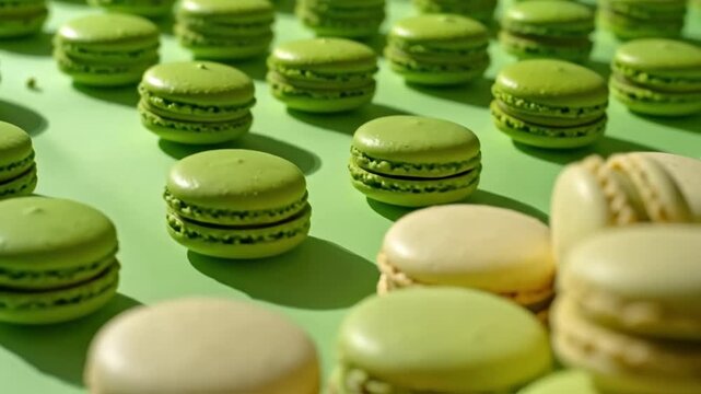 Rows of green macaroons create a visually appealing pattern on a light green background.