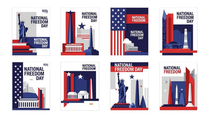 Collection of National Freedom Day illustrations featuring iconic American landmarks and symbols in red, white, and blue colors on a clean white background.