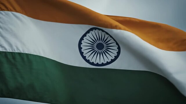 The Indian flag waving in the wind on a beautiful day with a clear blue sky in a video showcasing national pride and patriotism