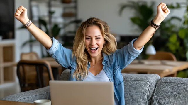 Celebrating Victory: A joyous individual radiates triumph, raising their arms in exultation while seated before a laptop, capturing a moment of personal achievement and digital success.