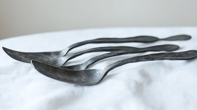 Tarnished silver cutlery bent and twisted into abstract shapes lying on a white surface