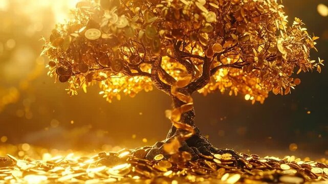 Golden coin tree with shimmering light, symbolizing wealth, growth, and financial success.