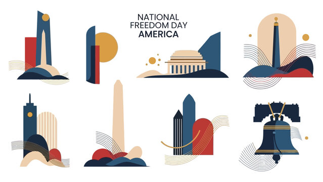 Flat lay illustration of iconic American landmarks and monuments celebrating National Freedom Day and America Republic, with a patriotic color scheme.