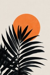 Stylized Palm Frond Silhouette Against Orange Sun Artwork on Beige Background Minimalist Geometric Design Tropical Foliage Elegant Composition Modern Art Print